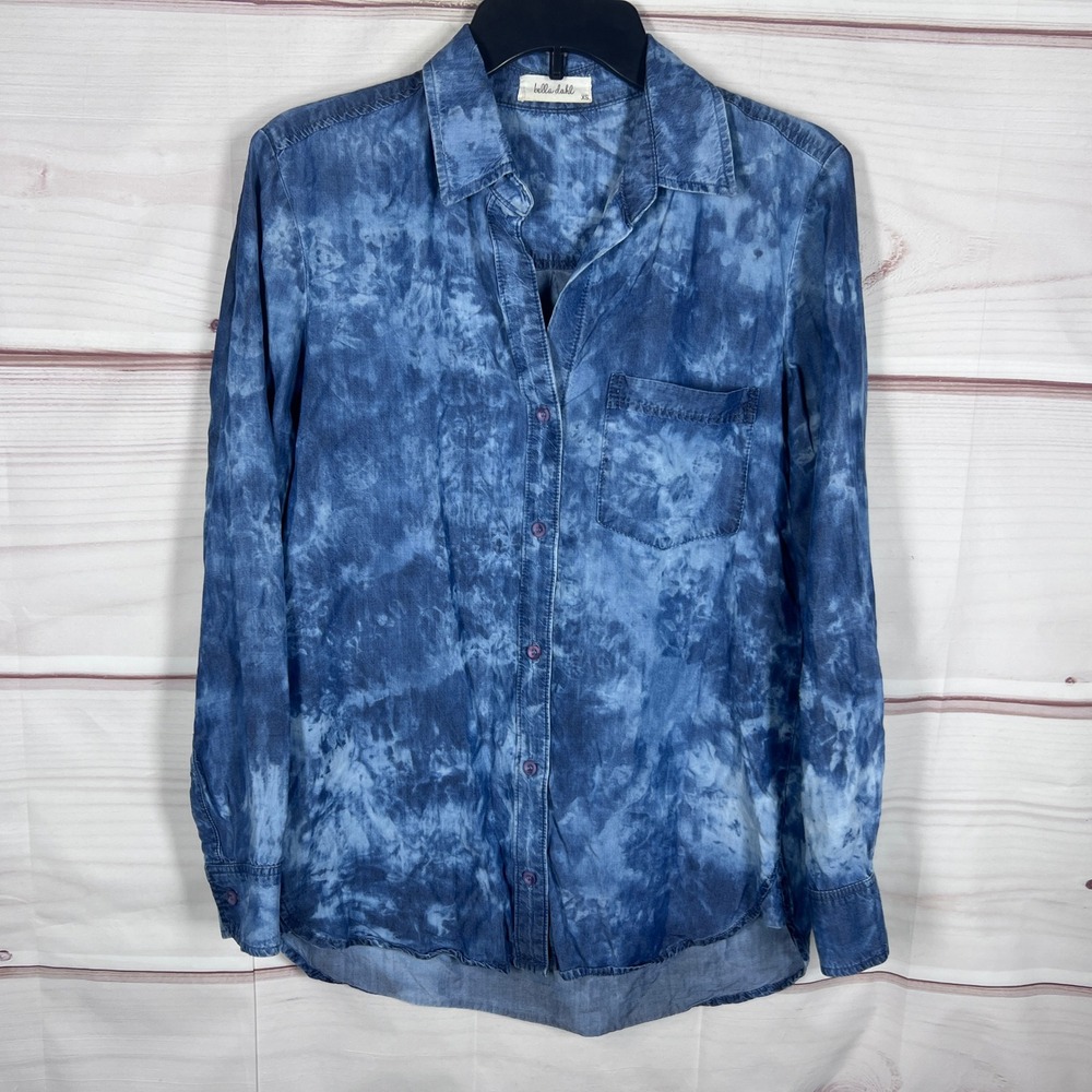 Bella Dahl Button Down Shirt Women XS Blue Tie Dye Tencel Long Sleeve Pocket Top
